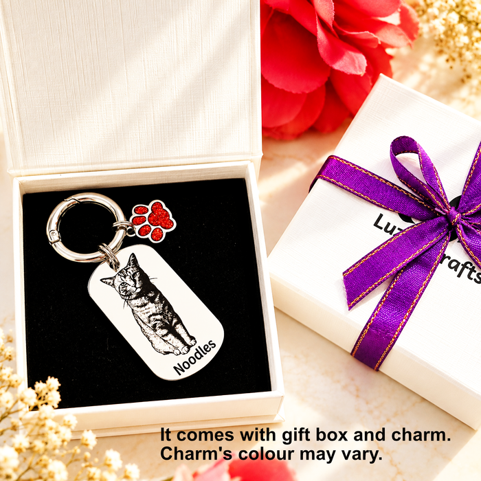 Personalised Cat Photo Keyring Engraved: Stainless Steel Gold Silver, Gift for Cat Owner, Cat Portrait Key Chain, Cat Mum Keychain, Funny Cat Key Ring, Pet Keepsake Gift - KCD021