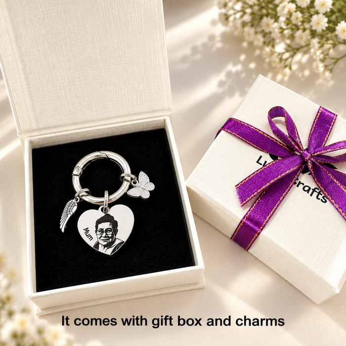 Personalised Memorial Gift Keyring, Engraved Real Photo in Stainless Steel Keychain Remembrance Key Chain, Grievance Gift, Heart Shaped - KCD016