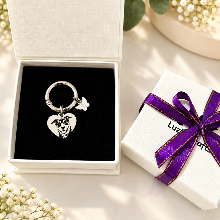 Engraved Pet Portrait Keychain Stainless Steel - Personalised Real Dog Cat Portrait Keyring - Pet, Dog Pet Gifts - KCD013