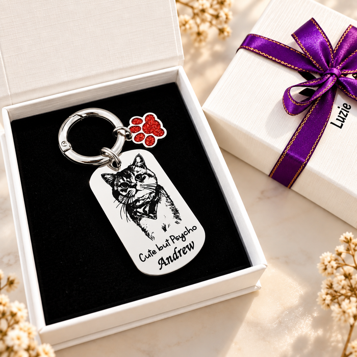 Pet Photo Keychain Personalized: Engraved Stainless Steel Cat Dog Portrait Key Chain Silver Gold, Pet Remembrance Gift - KCD019