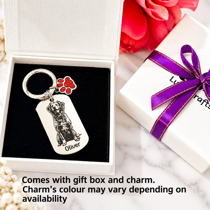 Personalised Pet Portrait Keychain Engraved: Stainless Steel Dog Picture Keyring, Silver Gold Furry Mum Dad Key Chain- KCD022