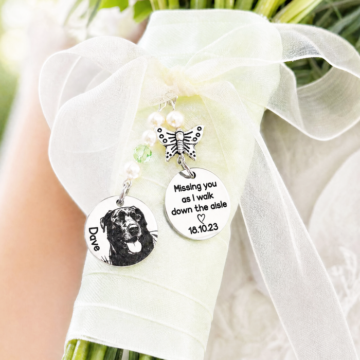 Custom Cat Dog Photo Bouquet Charm Engraved – Pet Memorial Wedding Bouquet Charm Keepsake Bride Gift - BC16