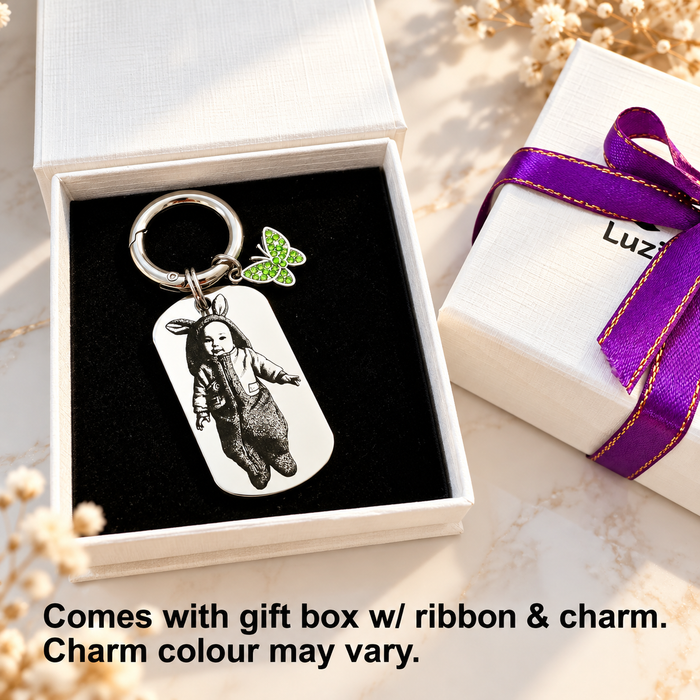Custom Engraved Photo Keychain Gold Silver – Personalised Picture Keyring Gift for Aunt, Uncle Portrait Keepsake - KCD026