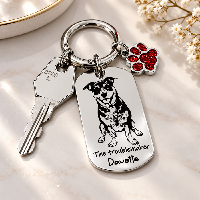 Engraved Real Dog Photo Keychain, Dog Dad Gift, Custom Dog Portrait Key Chain, Dog Mum Keyring, Funny Pet Key ring, Pet Memorial Gift - KCD017