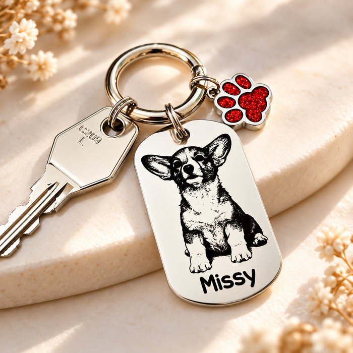 Personalised Pet Photo Keyring Engraved: Stainless Steel Dog Cat Portrait Key Chain Gold Silver, Dog Mum Keychain, Pet Keepsake Gift - KCD020