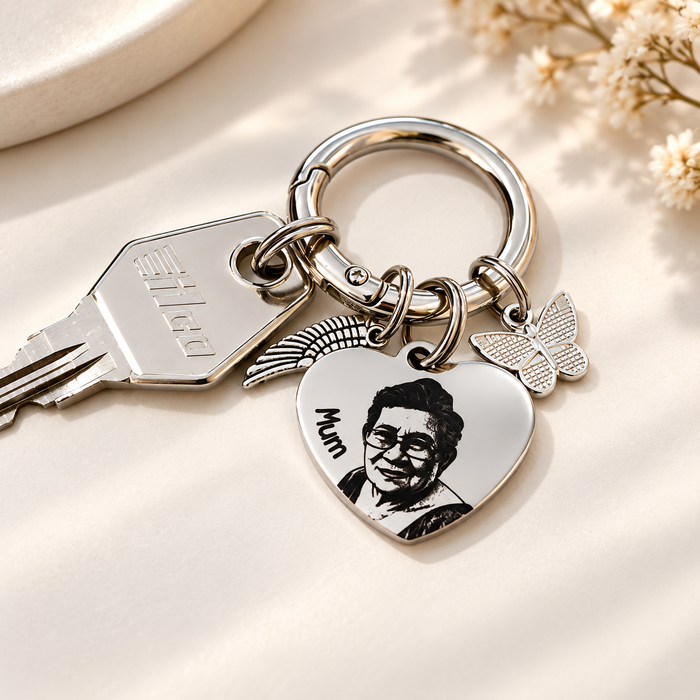 Personalised Memorial Gift Keyring, Engraved Real Photo in Stainless Steel Keychain Remembrance Key Chain, Grievance Gift, Heart Shaped - KCD016