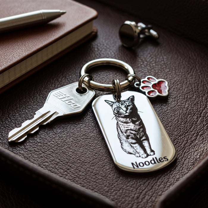 Personalised Cat Photo Keyring Engraved: Stainless Steel Gold Silver, Gift for Cat Owner, Cat Portrait Key Chain, Cat Mum Keychain, Funny Cat Key Ring, Pet Keepsake Gift - KCD021