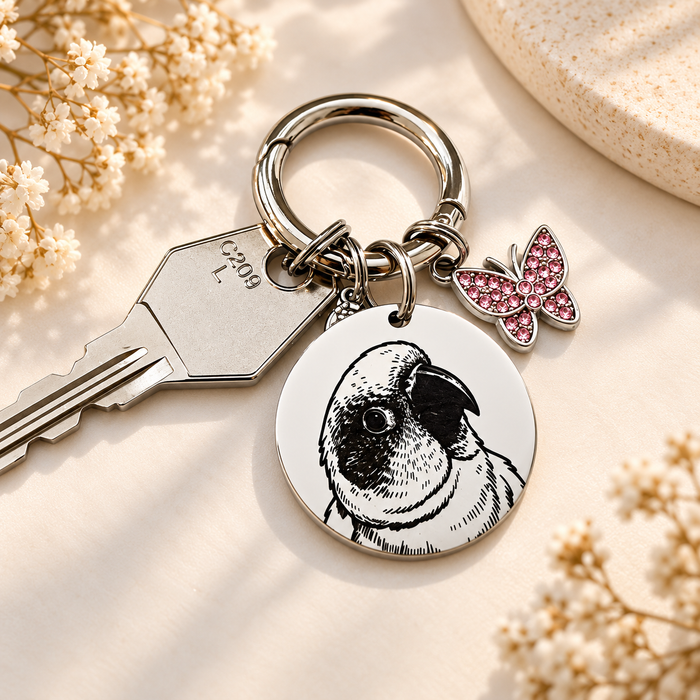 Actual Pet Photo Memorial Keyring - Engraved Dog Remembrance Gift Silver Gold - KCD007