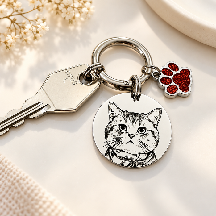 Personalized Pet Photo Keychain – Deep Engraved Stainless Steel Cat & Dog Portrait Keyring, Custom Pet Memorial Gift - KCD011