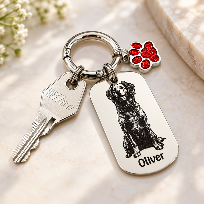 Personalised Pet Portrait Keychain Engraved: Stainless Steel Dog Picture Keyring, Silver Gold Furry Mum Dad Key Chain- KCD022