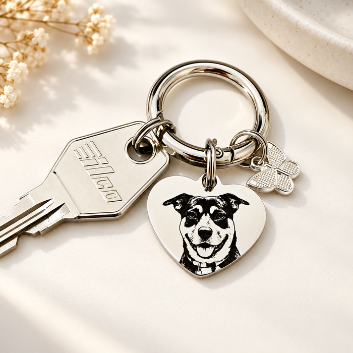 Engraved Pet Portrait Keychain Stainless Steel - Personalised Real Dog Cat Portrait Keyring - Pet, Dog Pet Gifts - KCD013