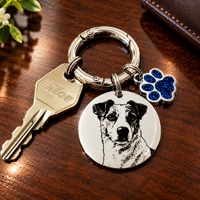Personalised Pet Photo Engraved Keychain - Silver Gold Dog Cat Picture Keyring, Gift to Pet Lover / Owner, 10-Year Guarantee - KCD009