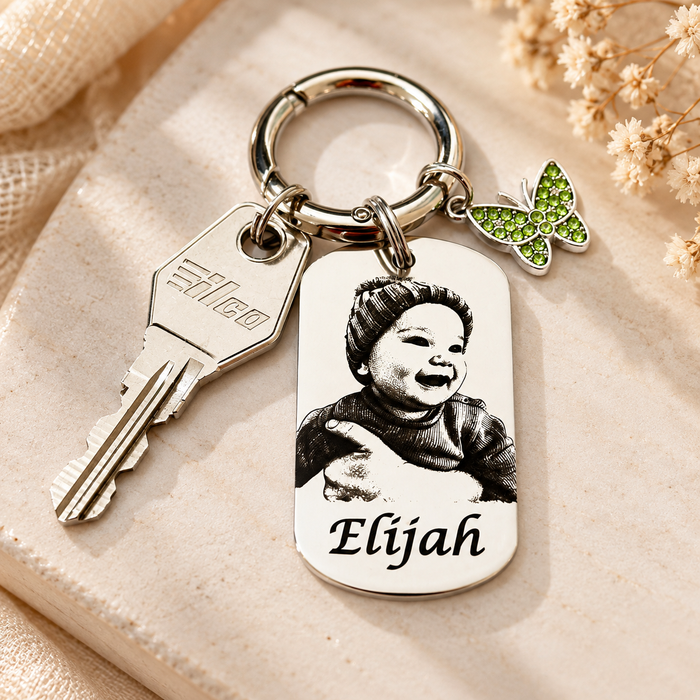 Custom Engraved Photo Keychain Gold Silver – Personalised Portrait Keyring Gift for Grandparents, Gift for Mum - KCD024