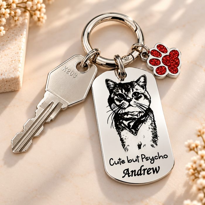 Pet Photo Keychain Personalized: Engraved Stainless Steel Cat Dog Portrait Key Chain Silver Gold, Pet Remembrance Gift - KCD019