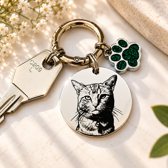 Engraved Real Pet Photo Keychain in Stainless Steel - Personalized Dog Cat Portrait Keyring - Gift to Dog Cat Mum and Dad - KCD008