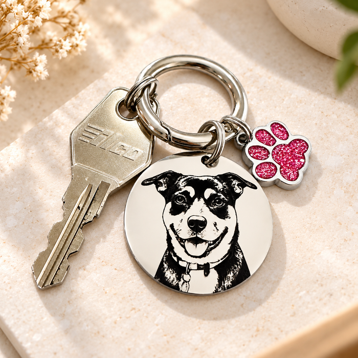 Personalised Pet Portrait Keychain Stainless Steel Engraved - Gift to Dog & Cat Owners, Mum and Dad - Memorial Keyring - KCD010