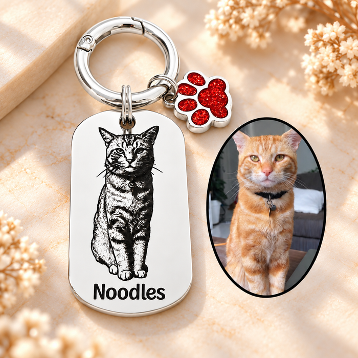 Personalised Cat Photo Keyring Engraved: Stainless Steel Gold Silver, Gift for Cat Owner, Cat Portrait Key Chain, Cat Mum Keychain, Funny Cat Key Ring, Pet Keepsake Gift - KCD021