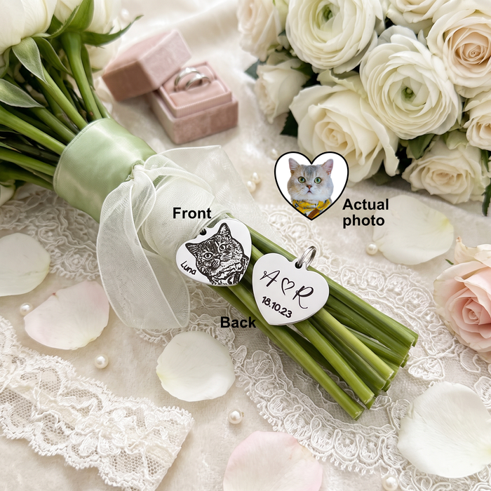 Personalised Cat Photo Bouquet Charm, Engraved Pet Bouquet Charm, Bride Wedding Gift, Keepsake Wedding Charm, Cat Memorial Bouquet Charm - BC13