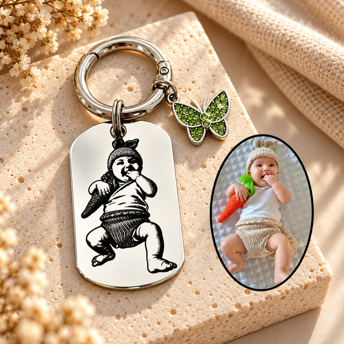Personalised Photo Keychain Stainless Steel – Custom Engraved Picture Keyring Silver or Gold - KCD029
