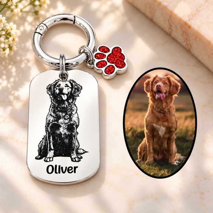 Personalised Pet Portrait Keychain Engraved: Stainless Steel Dog Picture Keyring, Silver Gold Furry Mum Dad Key Chain- KCD022