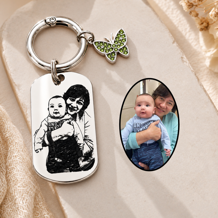 Personalised Photo Keychain Gold Silver, Custom Engraved Portrait Keyring Gift for Grandmother- KCD023