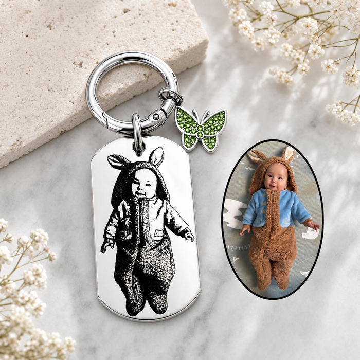 Custom Engraved Photo Keychain Gold Silver – Personalised Picture Keyring Gift for Aunt, Uncle Portrait Keepsake - KCD026