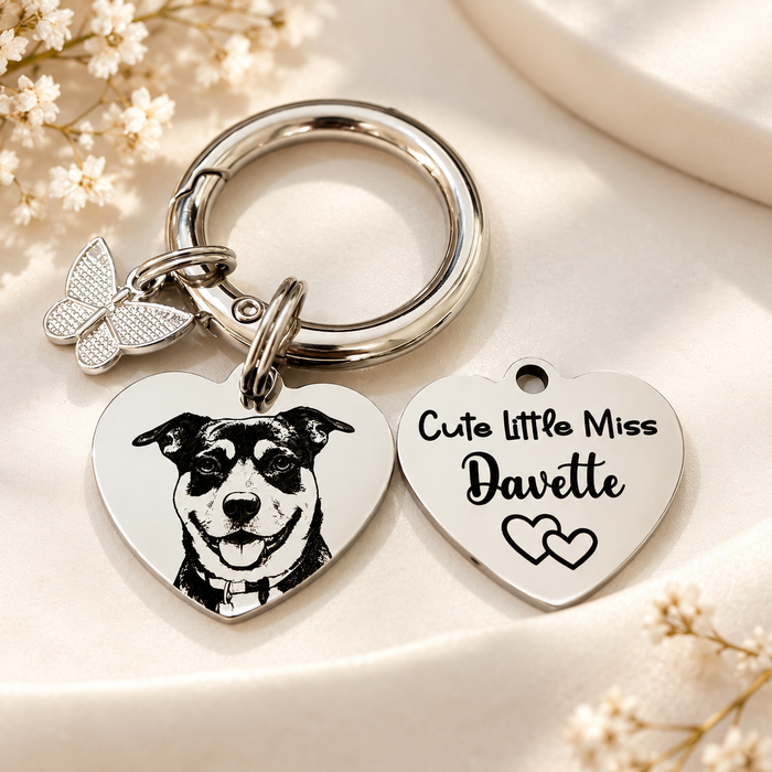 Engraved Pet Portrait Keychain Stainless Steel - Personalised Real Dog Cat Portrait Keyring - Pet, Dog Pet Gifts - KCD013