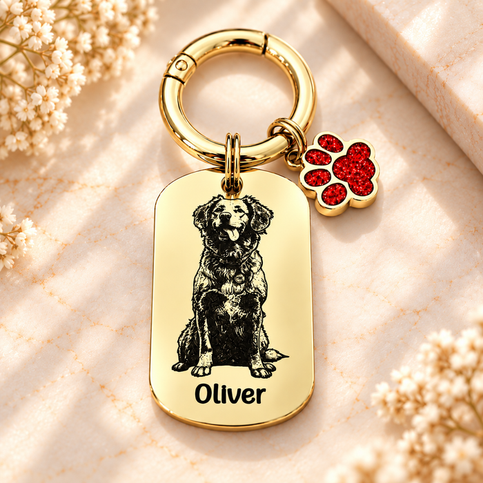 Personalised Pet Portrait Keychain Engraved: Stainless Steel Dog Picture Keyring, Silver Gold Furry Mum Dad Key Chain- KCD022