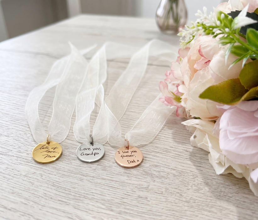 Real Handwriting Bouquet Charm Engraved Two Sided, Personalized Bouquet Charm, Wedding Memorial Bouquet Charm, Wedding Keepsake Bridal Gift - BC06