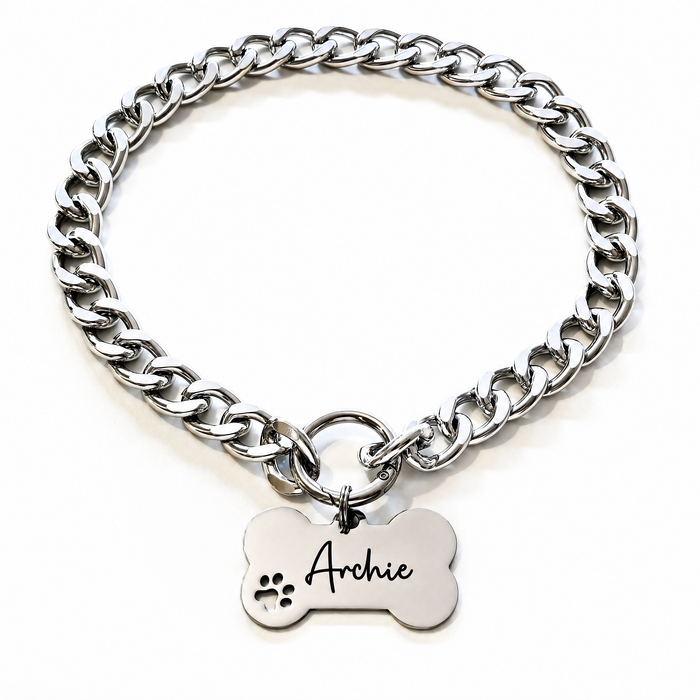 Personalised Dog Chain Collar: Lightweight Silver Gold Pet Necklace Custom Size Optional Bone ID Tag S-XL - DCN73