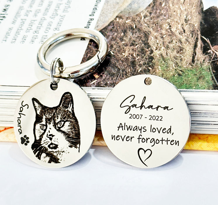 Engraved Pet Photo Keychain Personalized in Stainless Steel -  Pet Loss Memorial Gift - Cat Portrait Keyring - KCD005