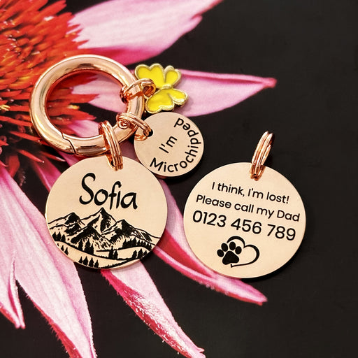 Cute Dog Tag Engraved Mountain Gold Silver and Rose Gold, Stainless Steel Personalised Dog Tag, Pet Name Tag for Dog, Metal Dog Name Plate