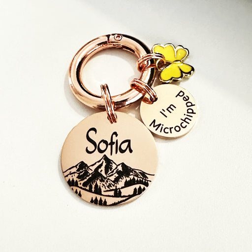 Cute Dog Tag Engraved Mountain Gold Silver and Rose Gold, Stainless Steel Personalised Dog Tag, Pet Name Tag for Dog, Metal Dog Name Plate