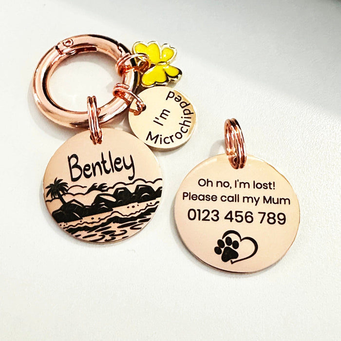 Engraved Unique Dog Tag Engraved Round, Stainless Steel Personalised Dog Tag, Tropical Beach Pet Name ID Tag, Metal Dog Name Plate