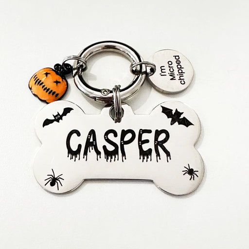 Personalised Dog Tag for Halloween, Custom Spooky Dog Tag, Cute Halloween Pet Name Tag, ID Dog Tag Engraved Stainless Steel with Charms