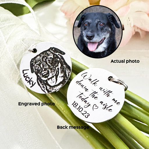 Personalized Dog Photo Bouquet Charm, Engraved Pet Bouquet Charm, Bride Wedding Gift, Keepsake Wedding Charm, Dog Memorial Bouquet Charm