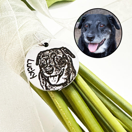 Personalized Dog Photo Bouquet Charm, Engraved Pet Bouquet Charm, Bride Wedding Gift, Keepsake Wedding Charm, Dog Memorial Bouquet Charm