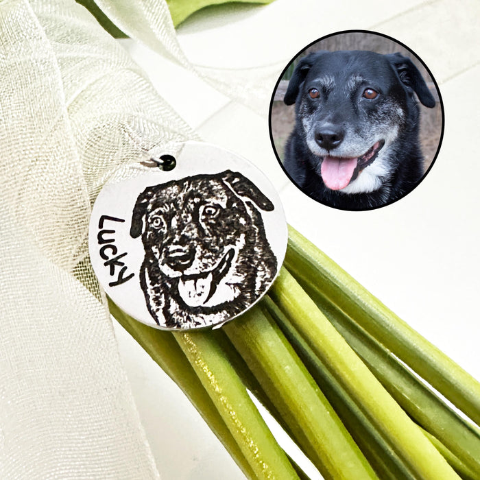 Personalized Dog Photo Bouquet Charm, Engraved Pet Bouquet Charm, Bride Wedding Gift, Keepsake Wedding Charm, Dog Memorial Bouquet Charm