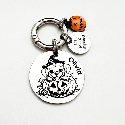 Custom Holloween Dog Tag Engraved, Personalized Spooky Dog ID Tag, Cute Halloween Pumpkin Pet Tags with Charms, Stainless Steel Pet Tag