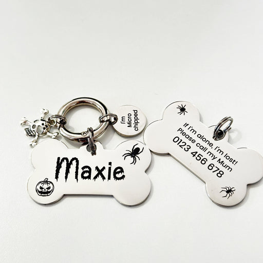 Custom Dog Tag for Halloween, Personalised Spooky Dog Tag, Cute Halloween Pet Name Tag, ID Dog Tag Engraved Stainless Steel with Charms