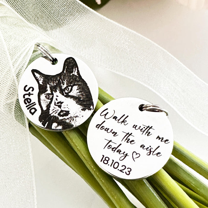 Personalized Bouquet Charm Cat Photo, Engraved Pet Bouquet Charm, Bride Wedding Gift, Keepsake Wedding Charm, Cat Memorial Bouquet Charm