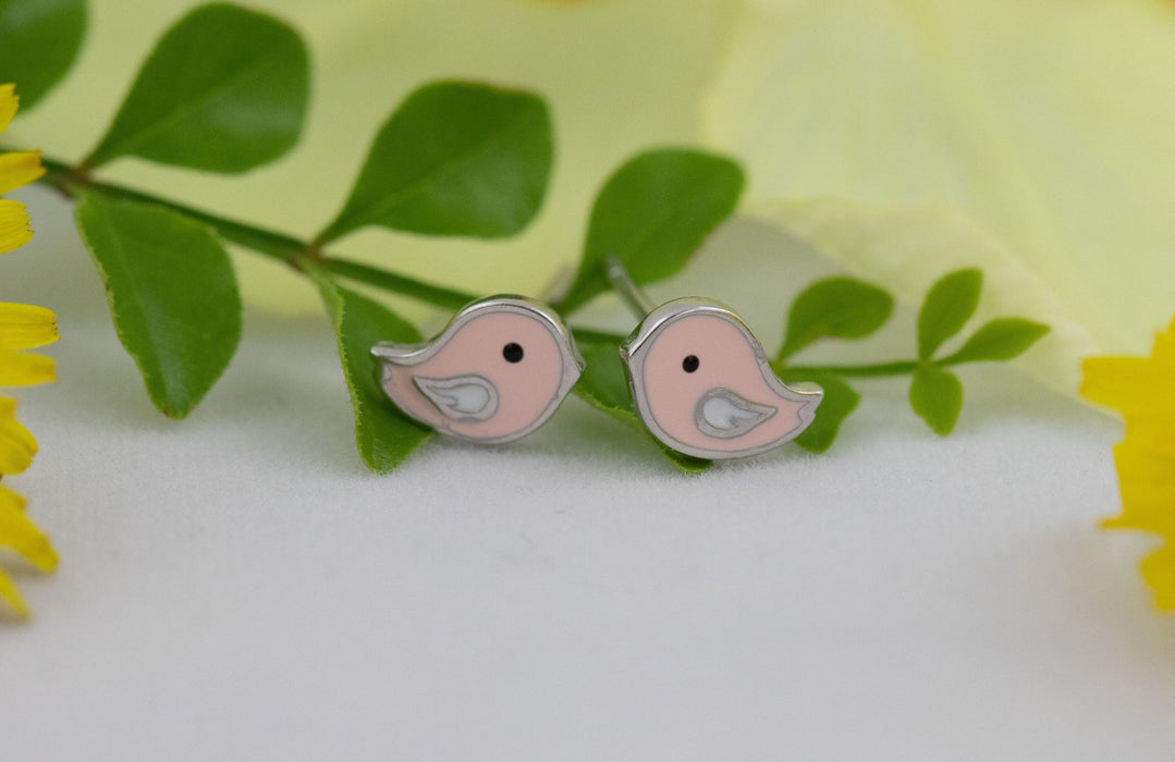 Earrings - Tiny Pink Bird Stud Earrings Sterling Silver Australia - E003