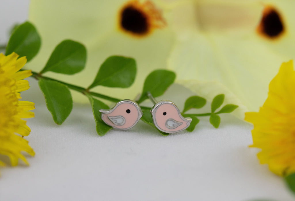 Earrings - Tiny Pink Bird Stud Earrings Sterling Silver Australia - E003