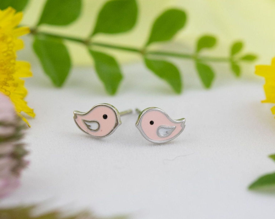 Earrings - Tiny Pink Bird Stud Earrings Sterling Silver Australia - E003