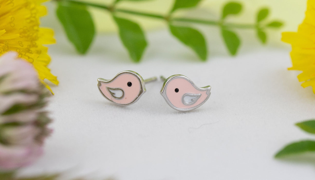 Earrings - Tiny Pink Bird Stud Earrings Sterling Silver Australia - E003