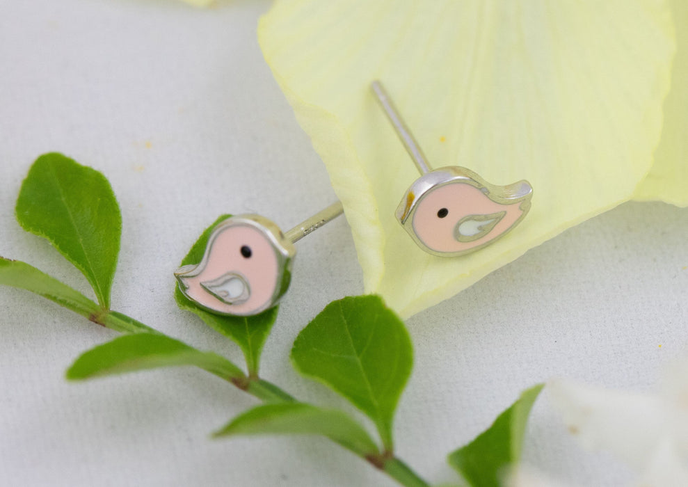 Earrings - Tiny Pink Bird Stud Earrings Sterling Silver Australia - E003