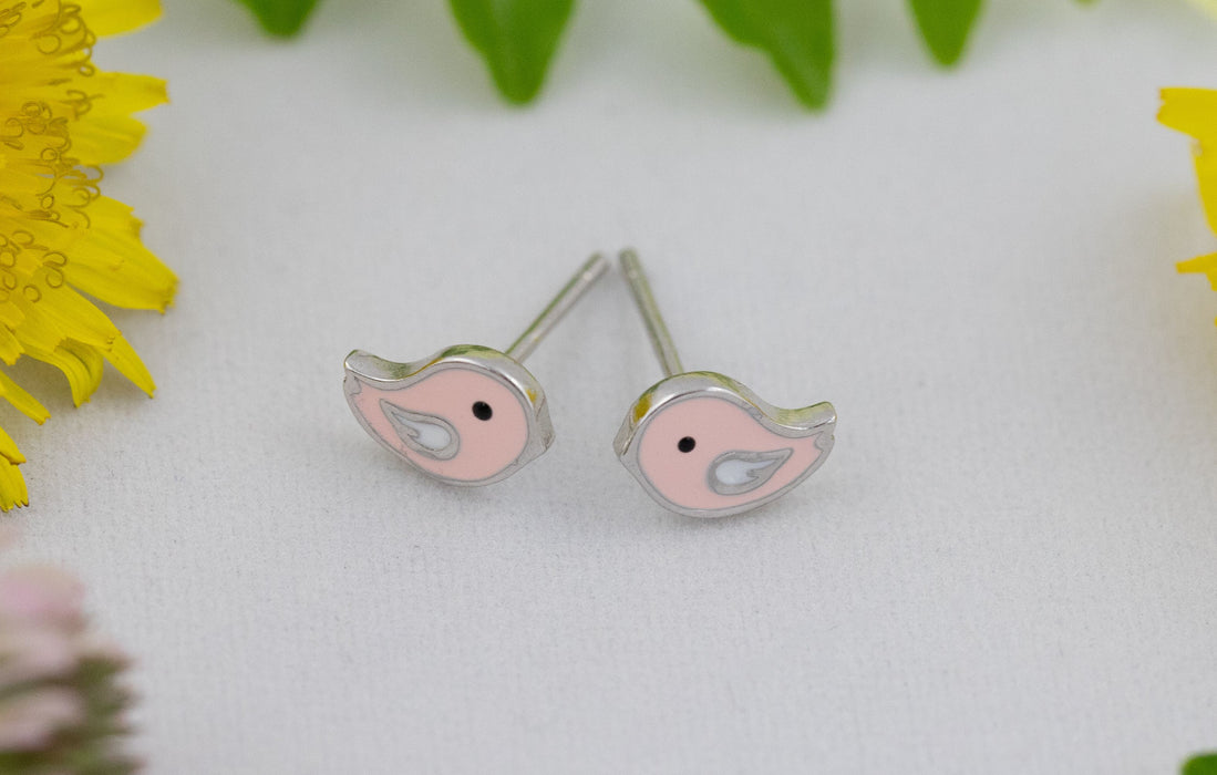 Earrings - Tiny Pink Bird Stud Earrings Sterling Silver Australia - E003