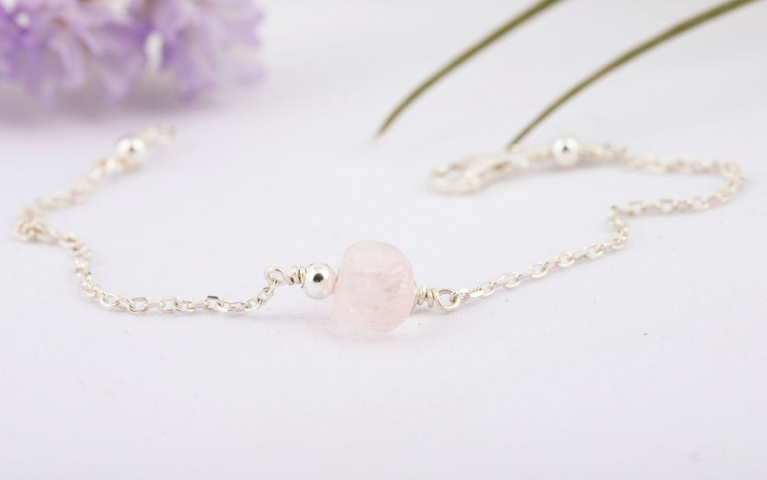 Raw Rose Quartz Bracelet Anklet Sterling Silver for Women - B130