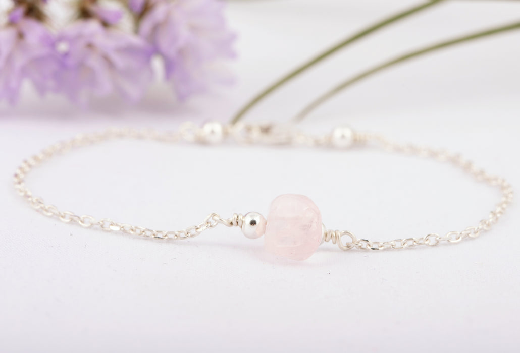 Raw Rose Quartz Bracelet Anklet Sterling Silver for Women - B130