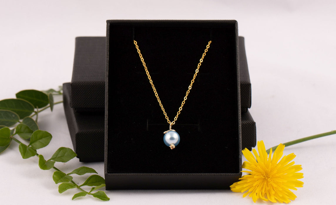 18k Gold Sterling Silver Elegant Pearl Necklace with Back drop Swarovski Light Blue - Wedding Necklace for Bride and Bridesmaids - N008